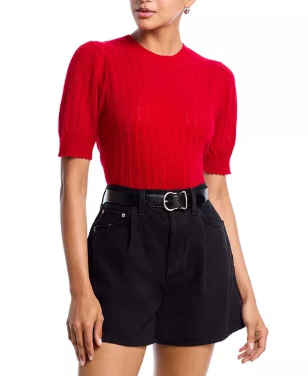 FRAME Ladder Pointelle Cashmere Short-Sleeve Sweater
